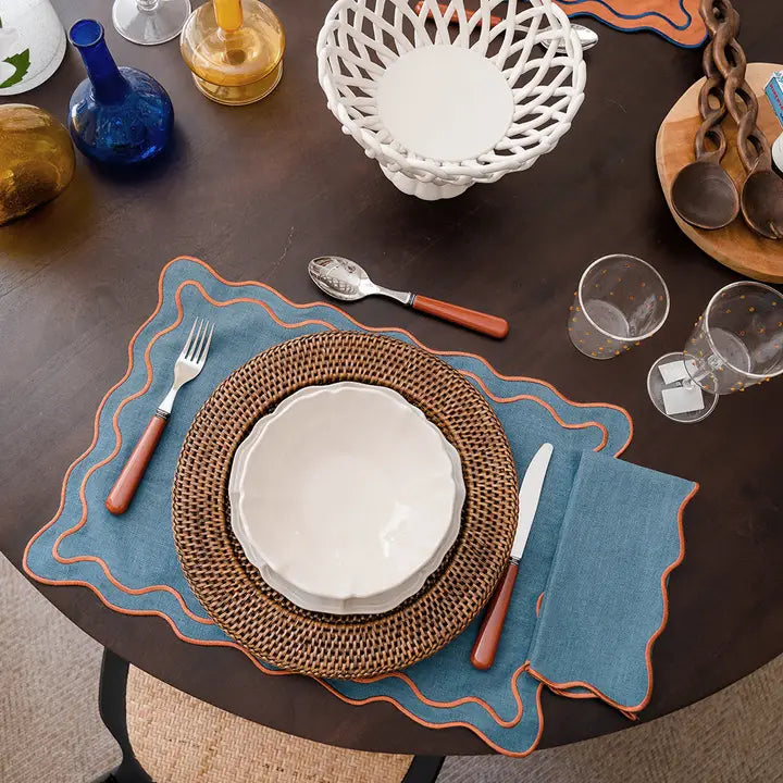 Servilleta Lino Ondulado Colección Beja: Azul & Terracota | Hecho en Portugal