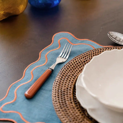 Mantel Individual Lino Ondulado Beja: Azul & Terracota | Hecho en Portugal