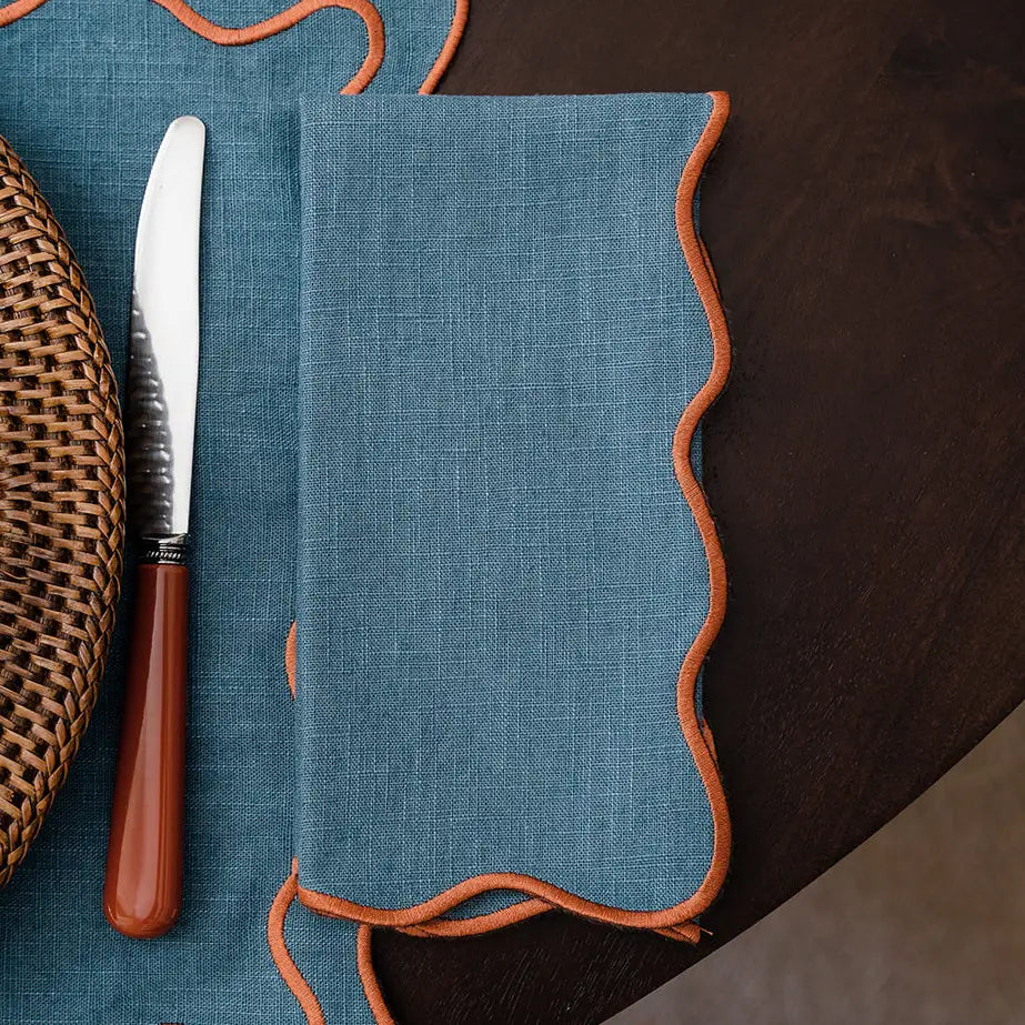 Servilleta Lino Ondulado Colección Beja: Azul & Terracota | Hecho en Portugal