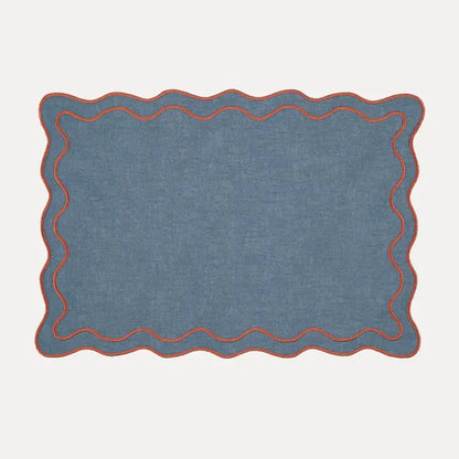 Mantel Individual Lino Ondulado Beja: Azul & Terracota | Hecho en Portugal