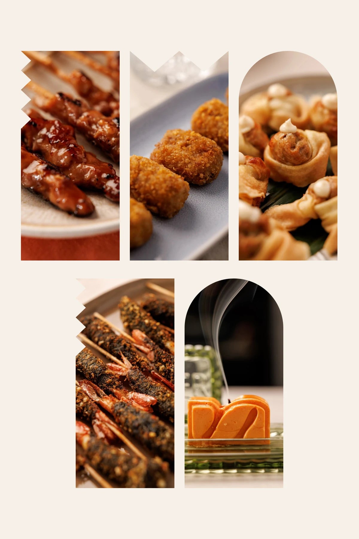 Los cinco aperitivos de la caja regalo Esencial de SAGÓ: yakitori, croquetas cremosas, crujientes de pollo-yuzu, langostino en tempura negra y vela de mantequilla