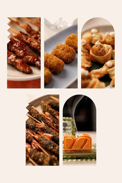 Los cinco aperitivos de la caja regalo Esencial de SAGÓ: yakitori, croquetas cremosas, crujientes de pollo-yuzu, langostino en tempura negra y vela de mantequilla