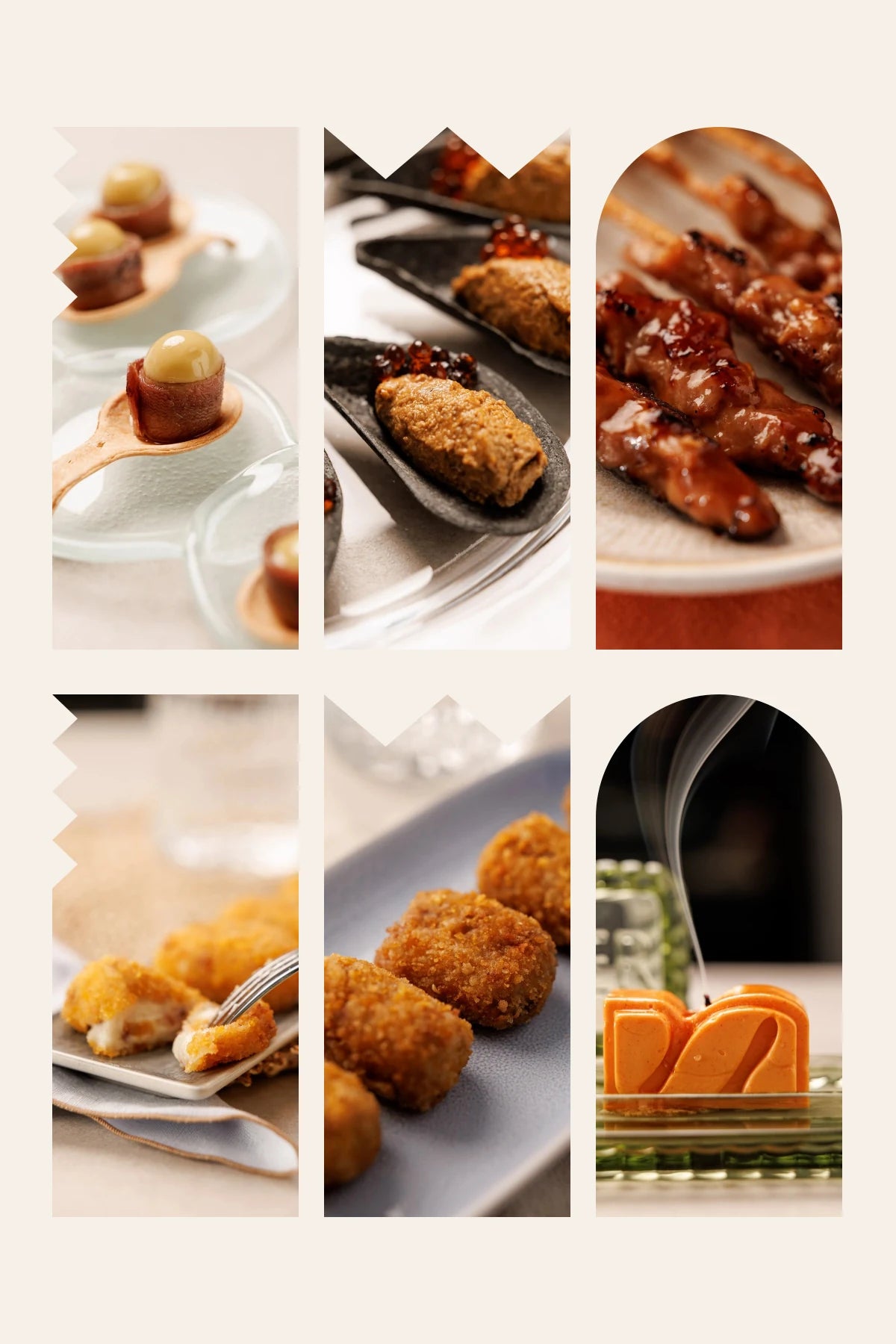 Los seis aperitivos de la caja regalo Favoritos de SAGÓ: Gilda, pan negro con crema de mejillón, yakitori, croquetas de jamón ibérico y de puchero y vela de mantequilla