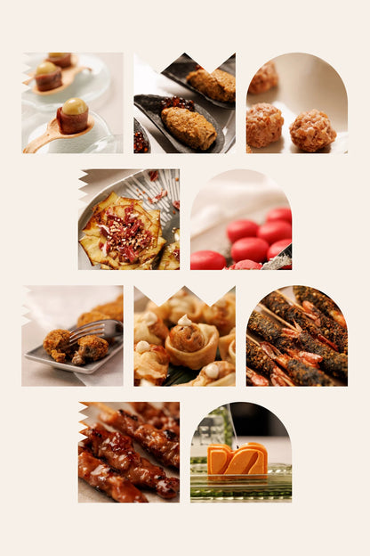 Los diez aperitivos de la caja regalo Gran Mesa de SAGÓ: Gilda, pan negro con crema de mejillón, bombones de foie, flores de alcachofa, quesitos de gorgonzola, croquetas, crujientes de pollo-yuzu, langostino, yakitori y vela de mantequilla