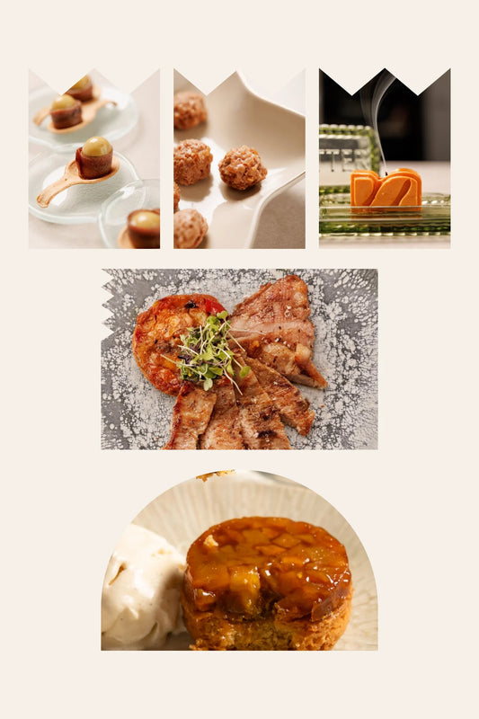 Los platos de la cena gourmet para dos con Gilda y secreto ibérico de SAGÓ: Gilda, bombones de foie, vela de mantequilla, secreto ibérico con tatín de verduras y tatín de mango