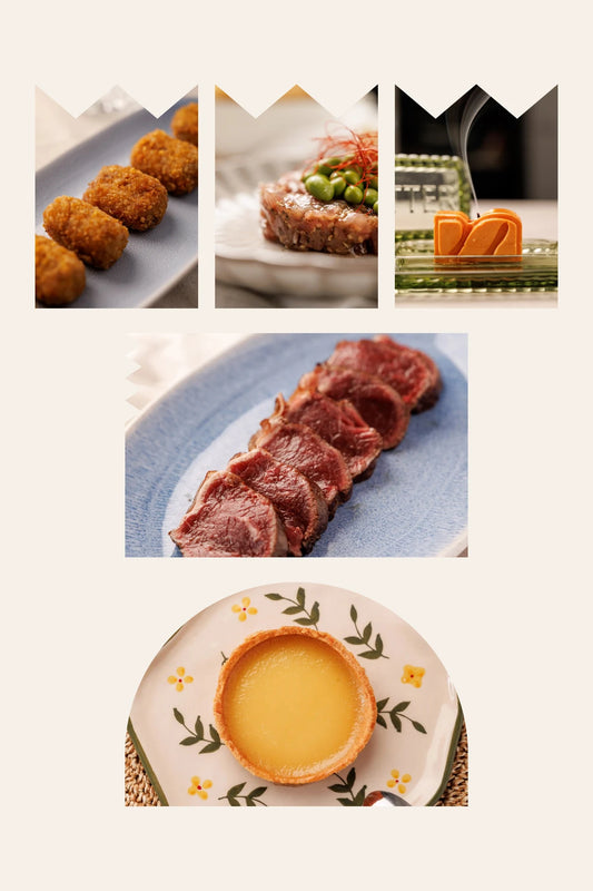 Los platos de la cena gourmet para dos con tataki de cebona de SAGÓ: croquetas de puchero, tartar de atún, vela de mantequilla, tataki con salsa Café de París y tartaleta de limón
