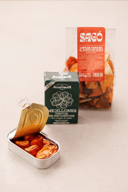 Mejillones en Escabeche de Sidra con Chips de Verduras Crujientes - SAGÓ